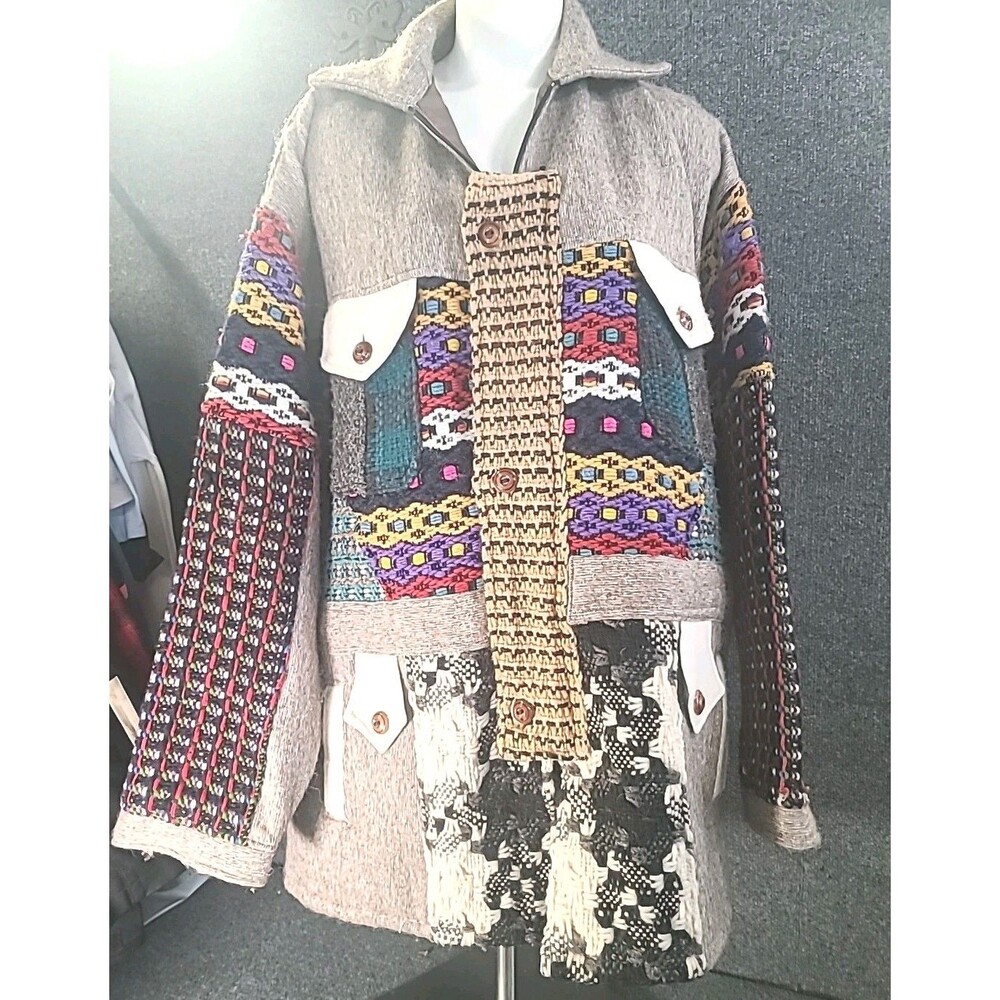 Vintage Tejidos Los  Andes  Patchwork 100% Wool Womans  Jacket Size 2XL Boho
